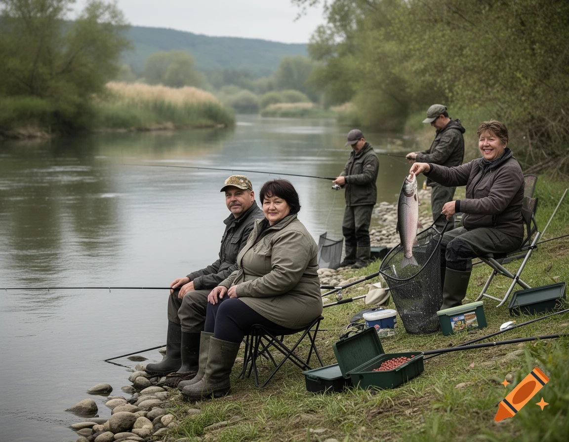 Photorealistic image of several people fishing by a calm riverbank, with one holding a caught fish.