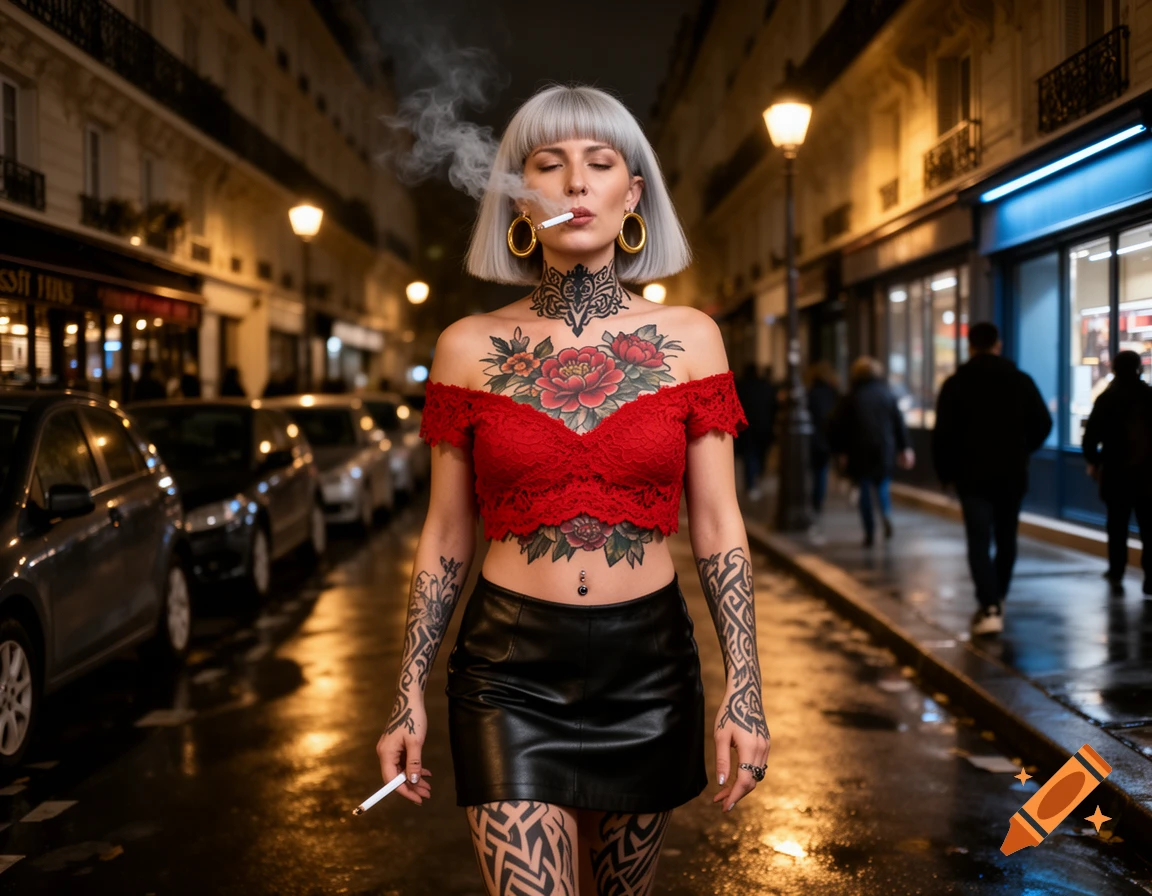 Realistic photo of a platinum grey-haired woman with extensive tattoos and stretched earlobes walking on a Parisian street at night, smoking a cigarette.