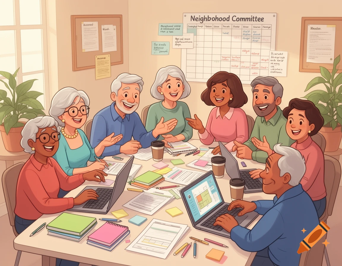 Cartoon illustration of a diverse group of people sitting around a table working on laptops and papers in a room.