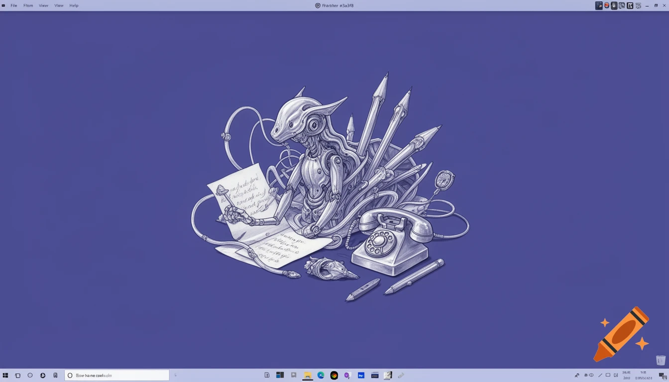 Monochrome HR Giger-style fantasy illustration of a cyborg creature with pencils and telephone on purple background.