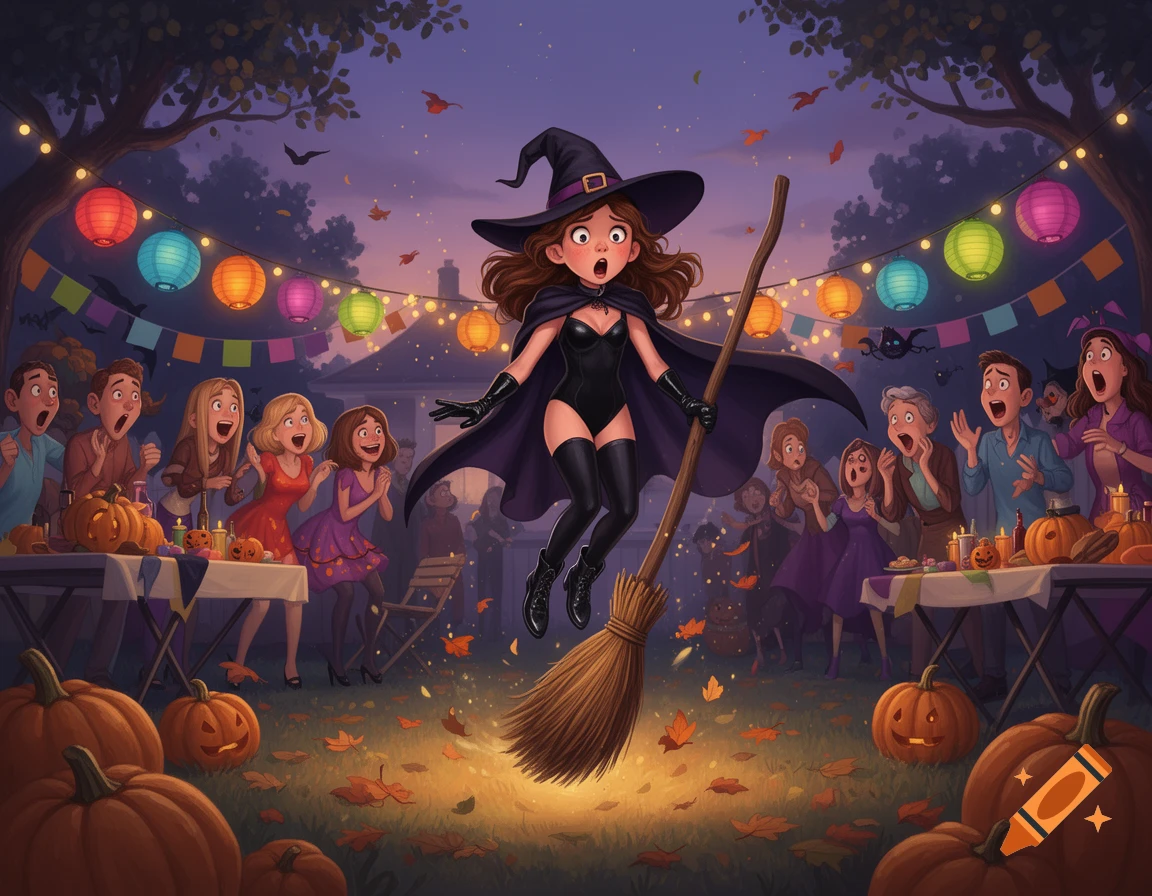 Storybook style illustration of a shocked teen girl in a witch costume landing on a broom at an outdoor party.