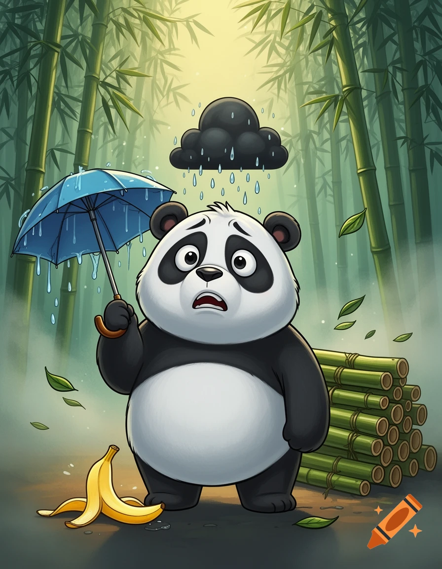 Cartoon panda looking worried under a small rain cloud holding a blue umbrella in a bamboo forest.