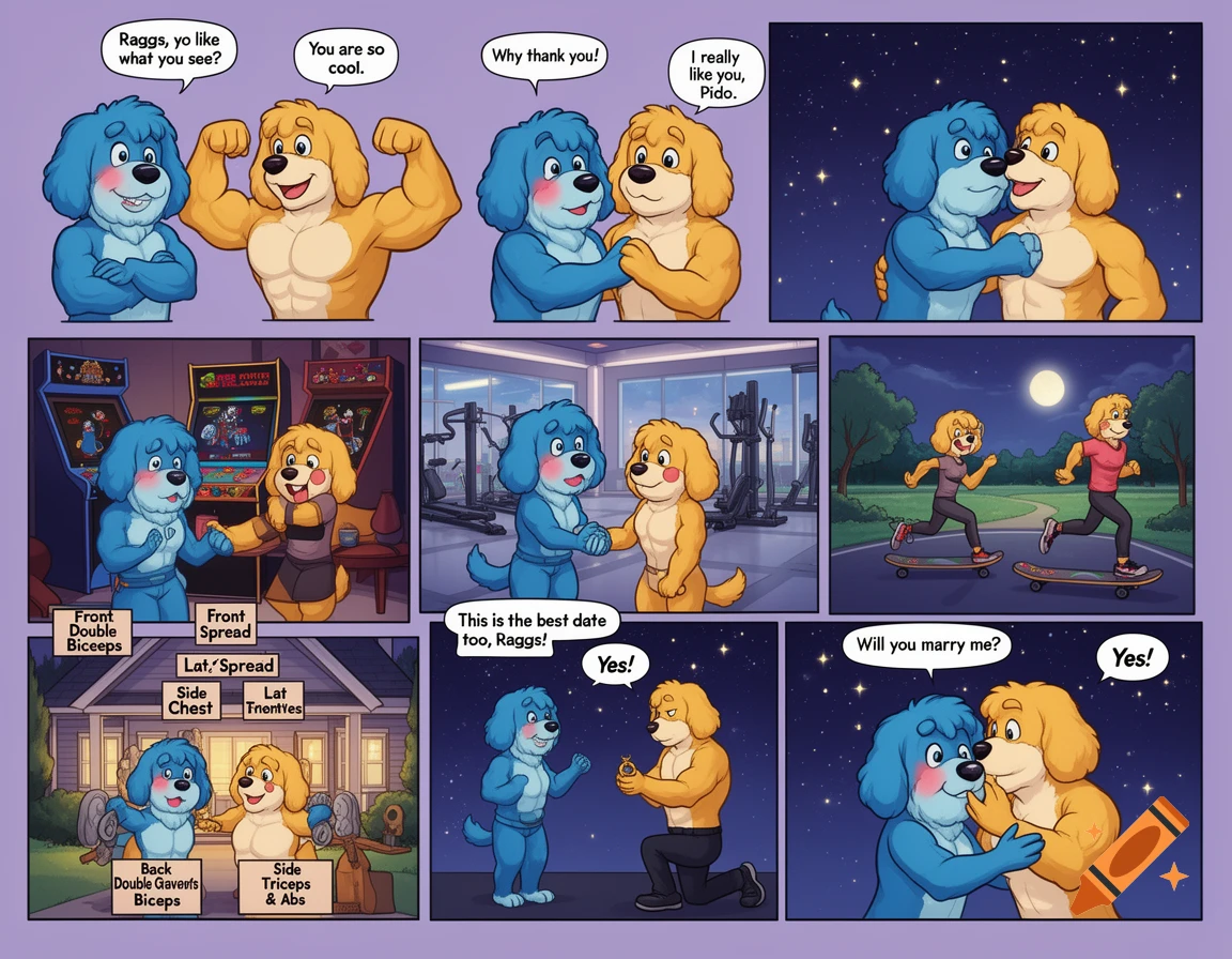 A multi-panel comic illustration featuring two anthropomorphic cartoon dogs falling in love and getting married.