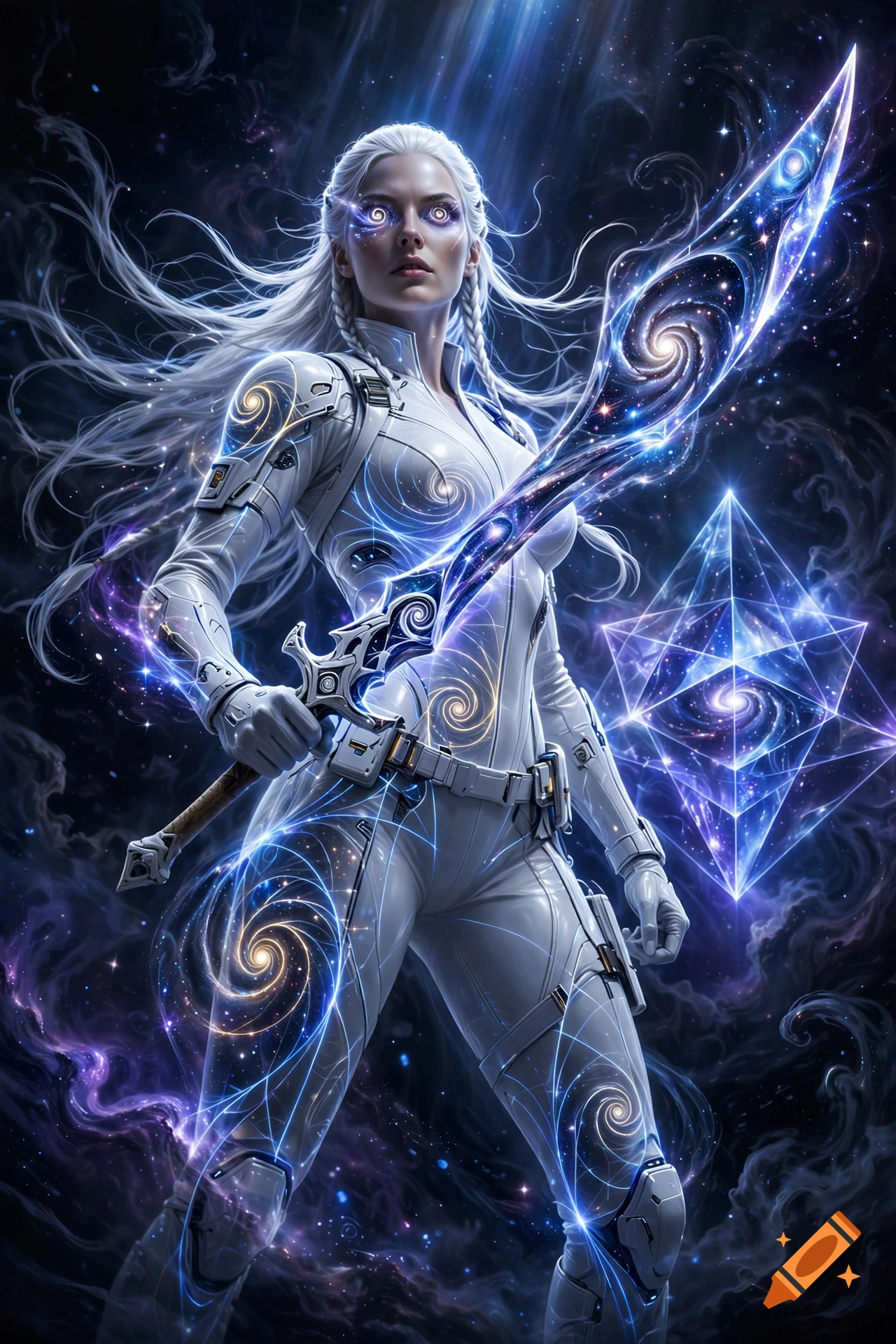Digital art of a white-haired amazon in a white suit holding a glowing cosmic sword and standing before a geometric structure.