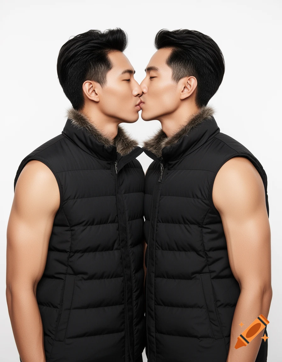 Photorealistic image of two handsome young Asian men with styled hair kissing, wearing black sleeveless puffer vests against a white background.
