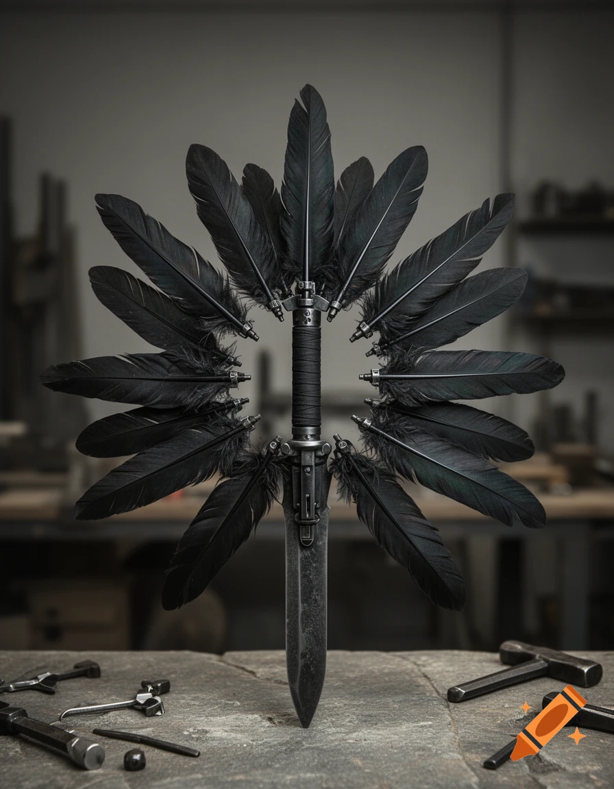 Photorealistic image of a metallic dagger with a ring of black feathers radiating outwards, resting upright on a workbench.