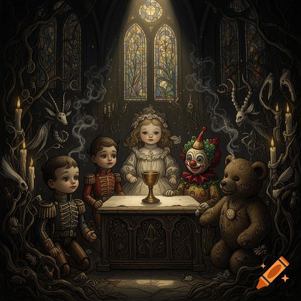 Dark fantasy illustration of vintage toys including a doll, clown, and teddy bear celebrating eucharist in a gothic cathedral.