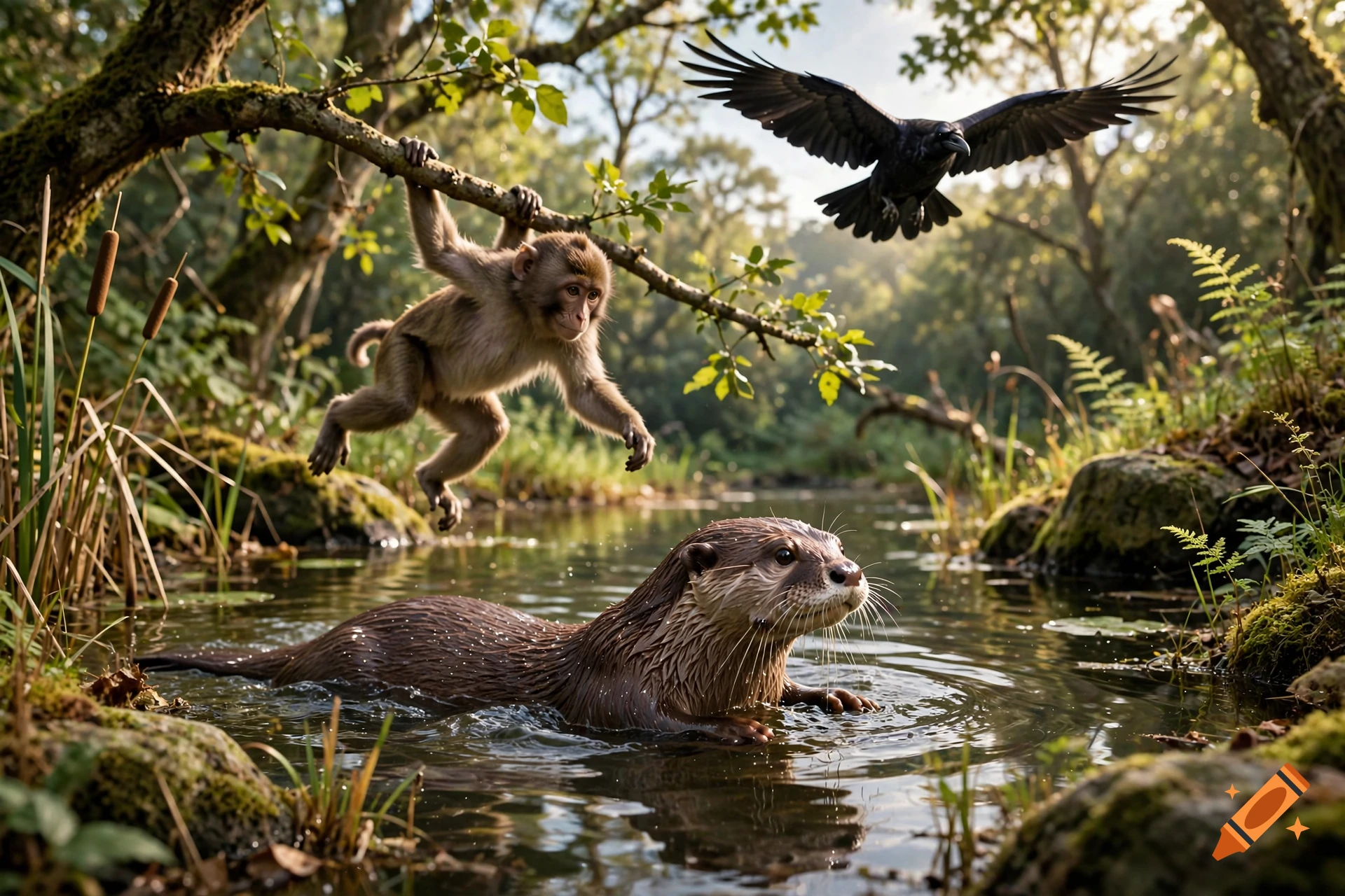 An otter swimming in a pond, a monkey swinging from a tree branch, and a raven flying overhead in a forest.