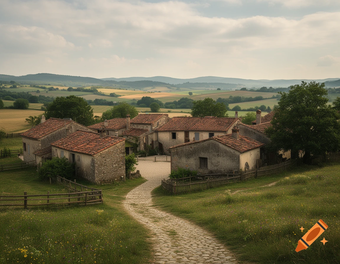 Photorealistic aerial view of a quaint European village with stone houses and tiled roofs, connected by a cobblestone path.