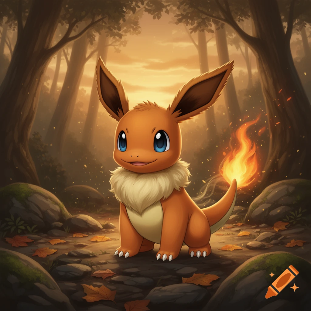 Digital art of a cute hybrid creature resembling Charmander and Eevee with a fiery tail in an autumn forest.