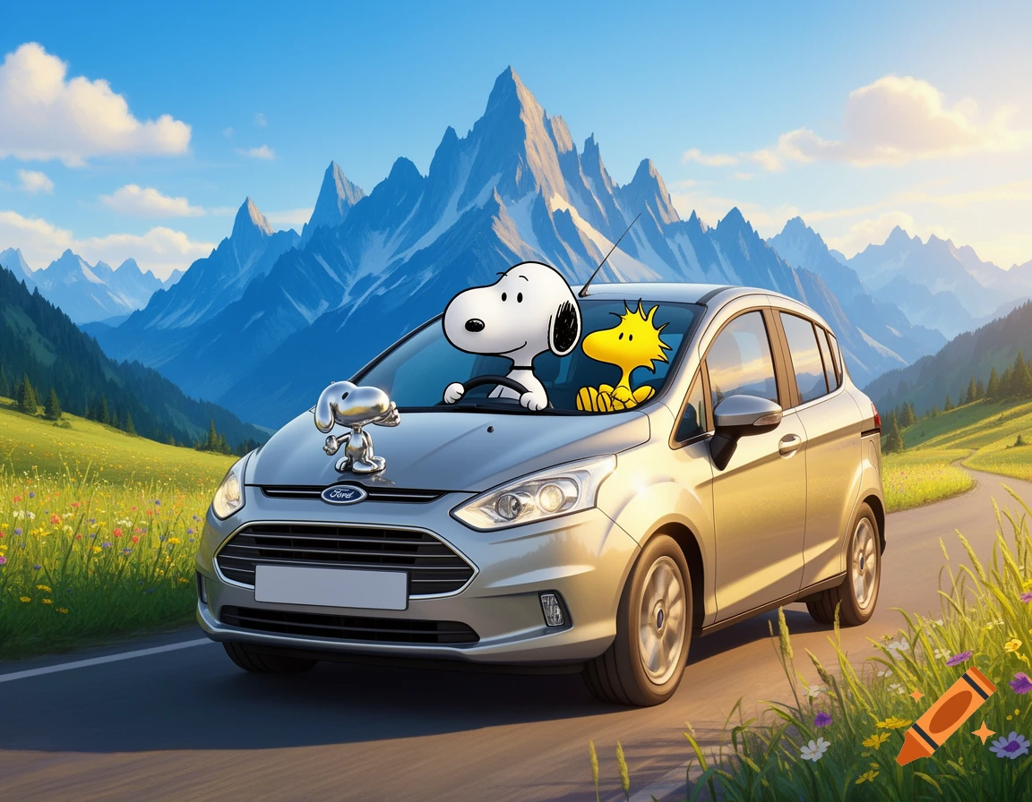 Snoopy and Woodstock driving a silver Ford car through a mountain landscape, digital art style.