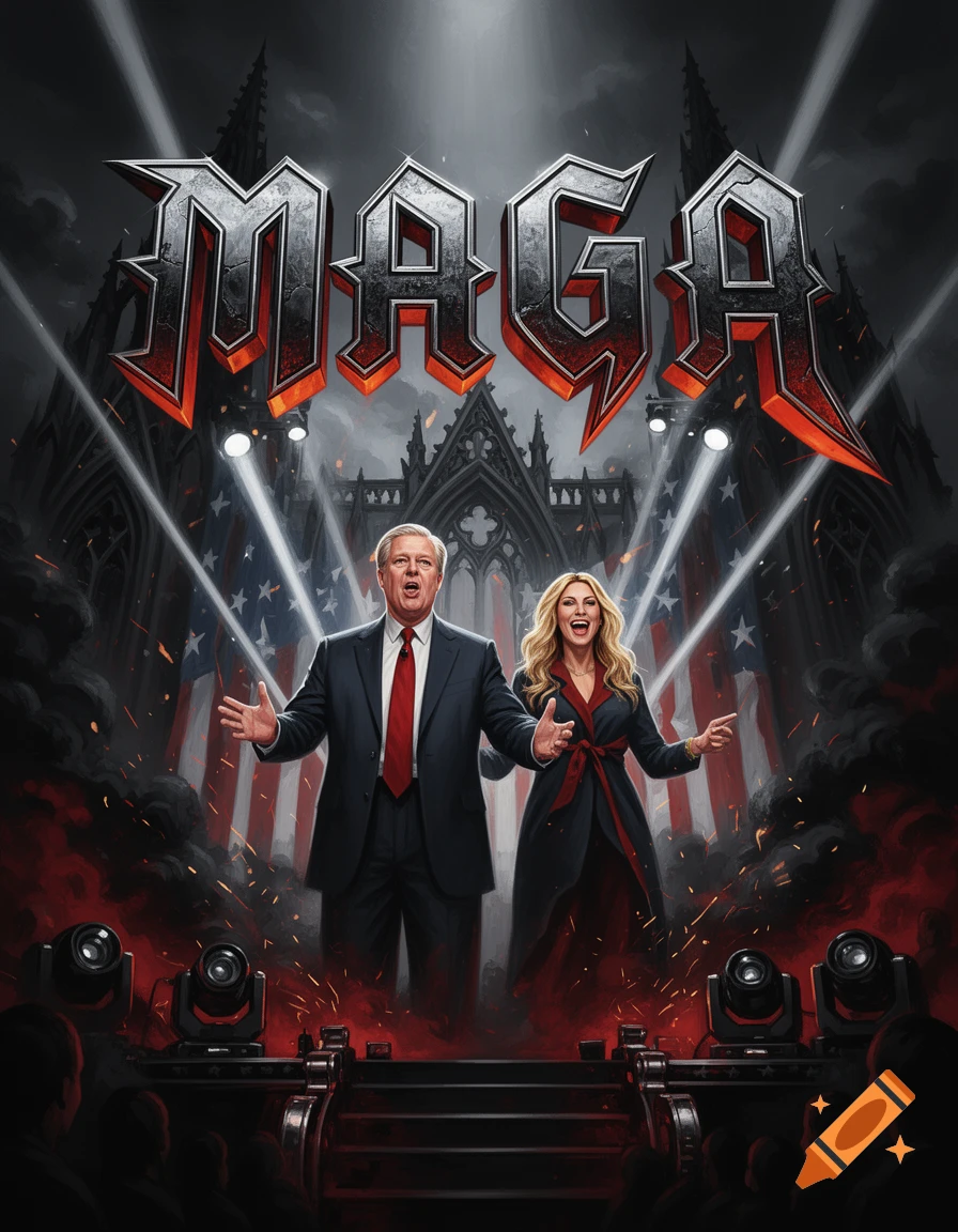 Stylized heavy metal poster featuring political figures Lindsey Graham and Laura Loomer under stage lights with large 'MAGA' text.