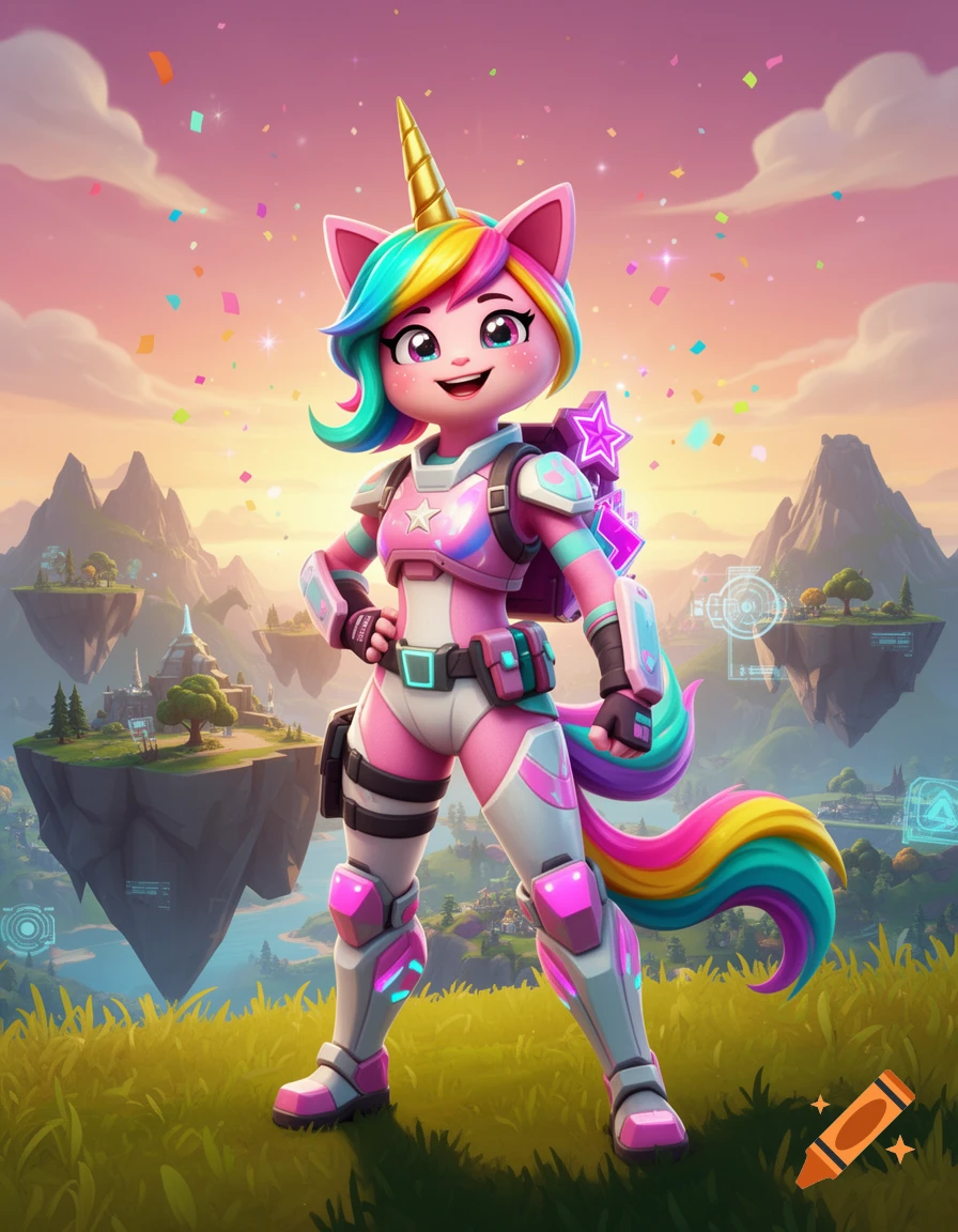 3D digital illustration of a colorful unicorn character in Fortnite armor standing on a grassy hill with floating islands in the background.