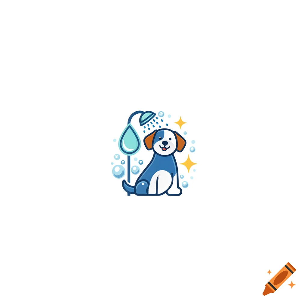 Vector style illustration of a cute dog taking a shower with bubbles and a showerhead.