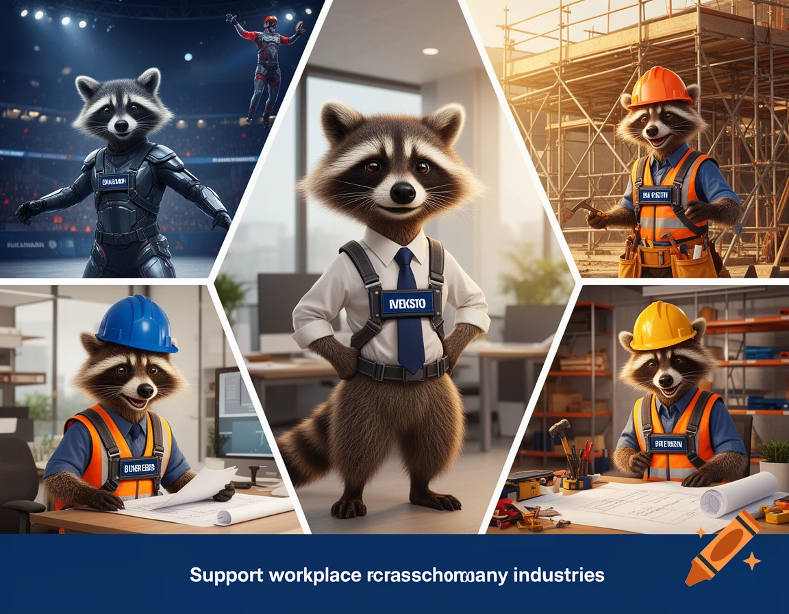 Collage of AI-generated raccoons dressed in various professions like office worker, construction worker, and stuntman.