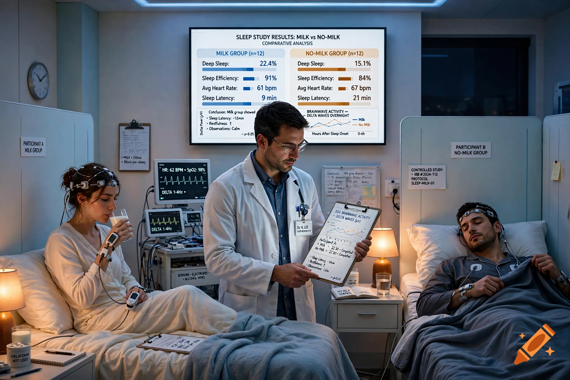 Photorealistic scene of a researcher holding a clipboard in a sleep study lab with patients wearing EEG monitors.