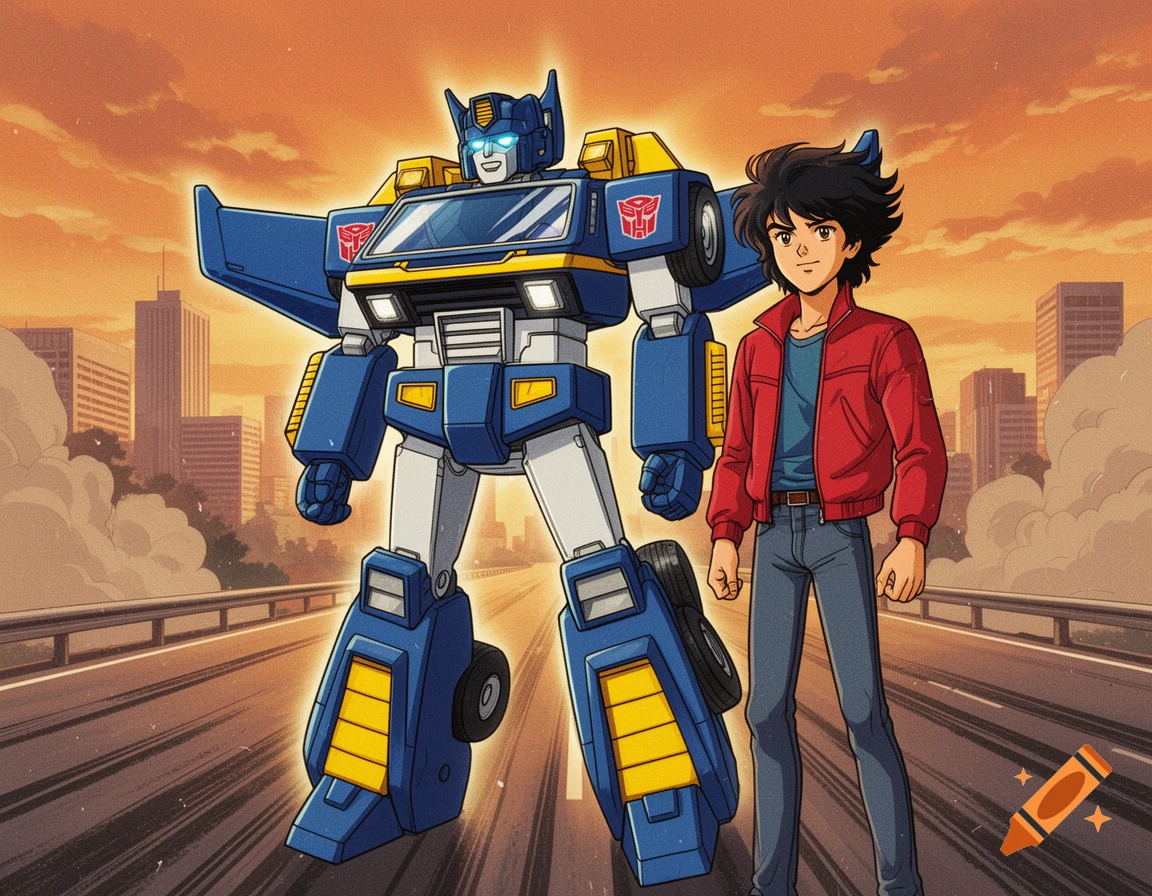 An 80s anime style illustration of Tracks, a blue and yellow robot, standing next to a young man on a road with city buildings in the background.