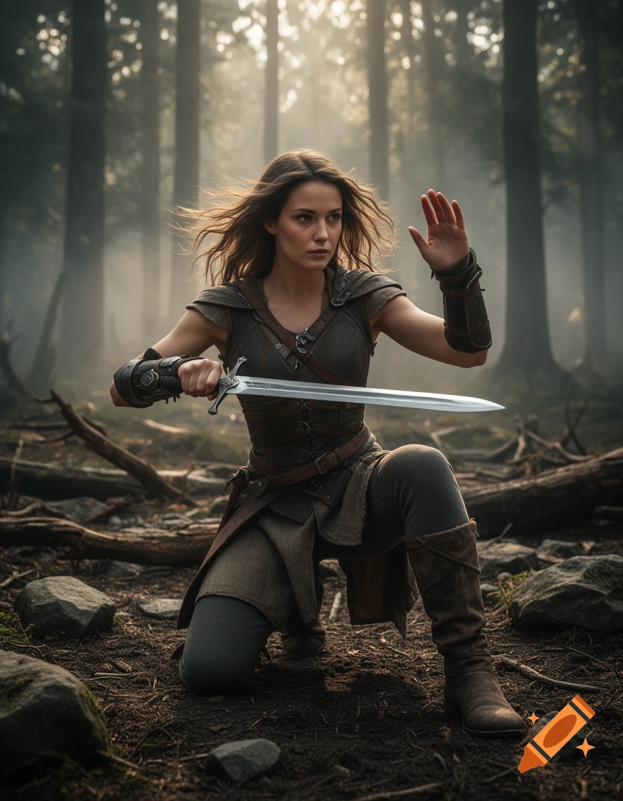 Photorealistic image of a female fantasy warrior in armor kneeling in a misty forest, holding a sword.