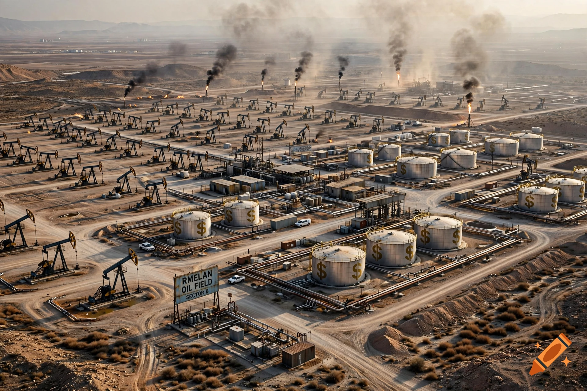 Photorealistic aerial view of the Rmelan oil field in Syria with pump jacks, oil tanks marked with dollar signs, and burning flares.