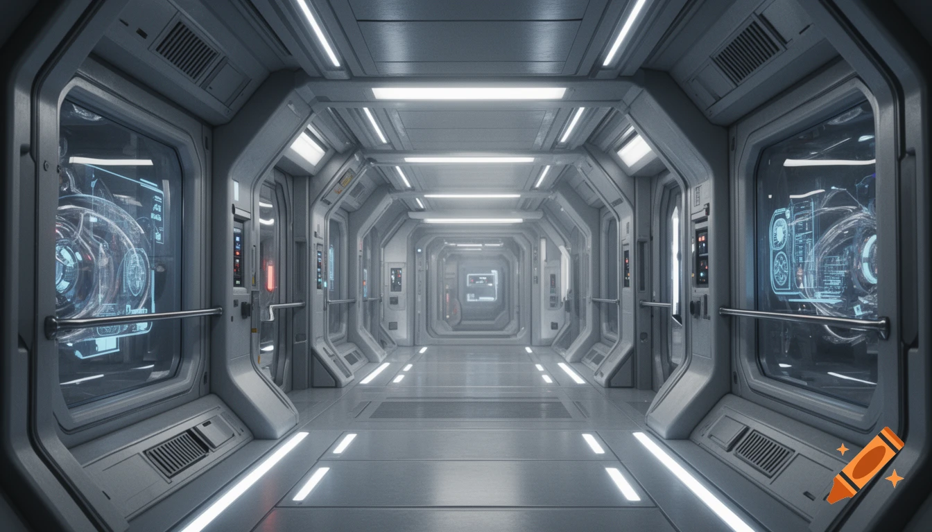 Futuristic spaceship corridor with glowing lights and metallic walls, photorealistic.