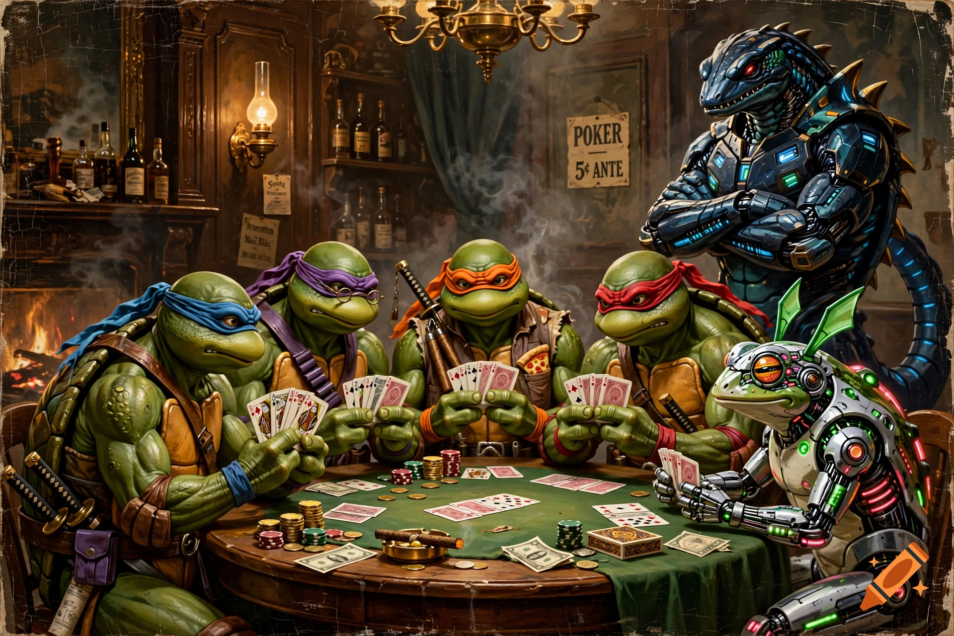 Teenage Mutant Ninja Turtles, a cyberfrog, and a salamander playing poker in a dimly lit tavern, oil painting style.