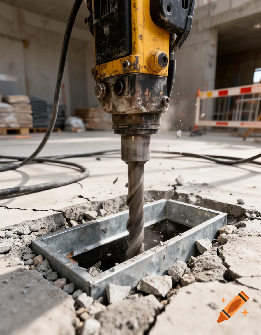 Close-up photorealistic image of a jackhammer drilling into a concrete floor and a metal drain.