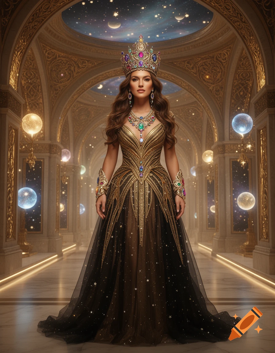 A regal woman in an ornate gold and black celestial gown and large crown, standing in an opulent cosmic hall.
