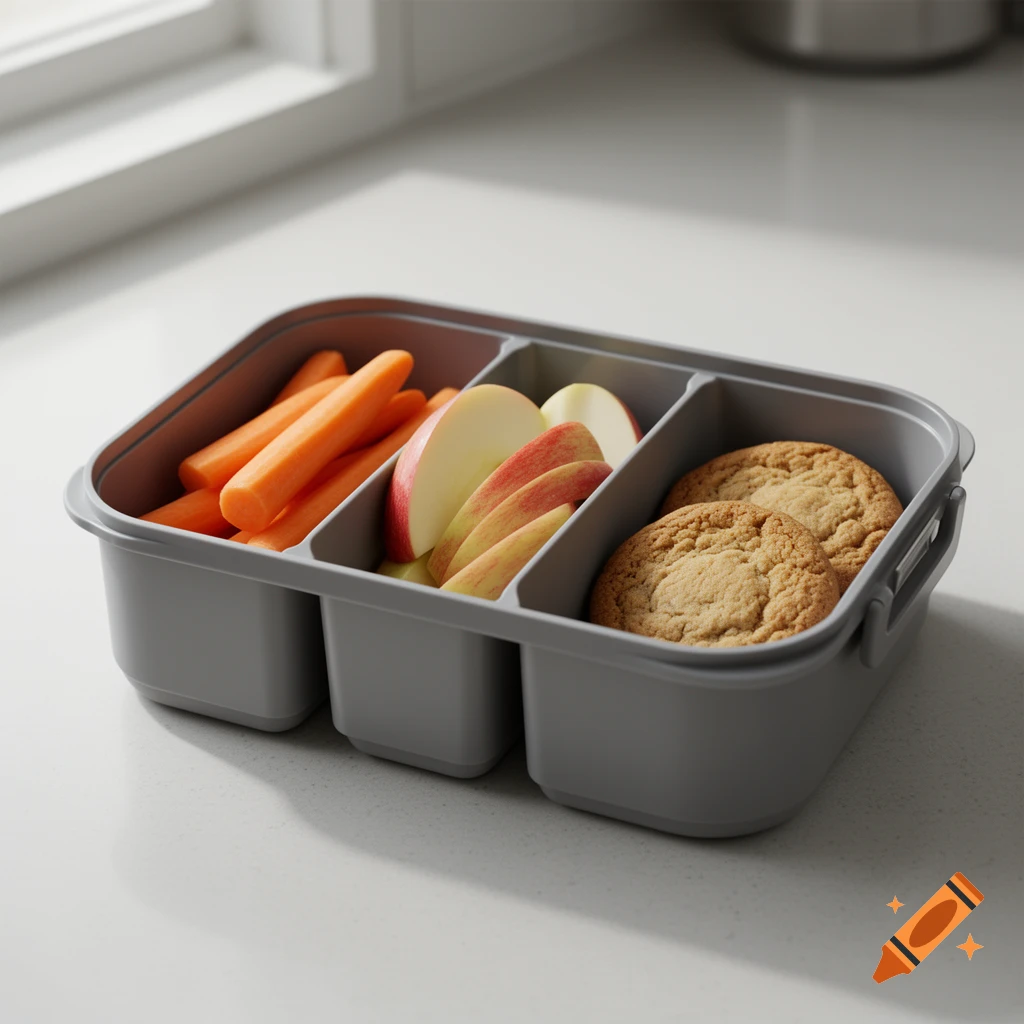Photorealistic close-up of a grey partitioned lunch box containing baby carrots, sliced apples, and two cookies.