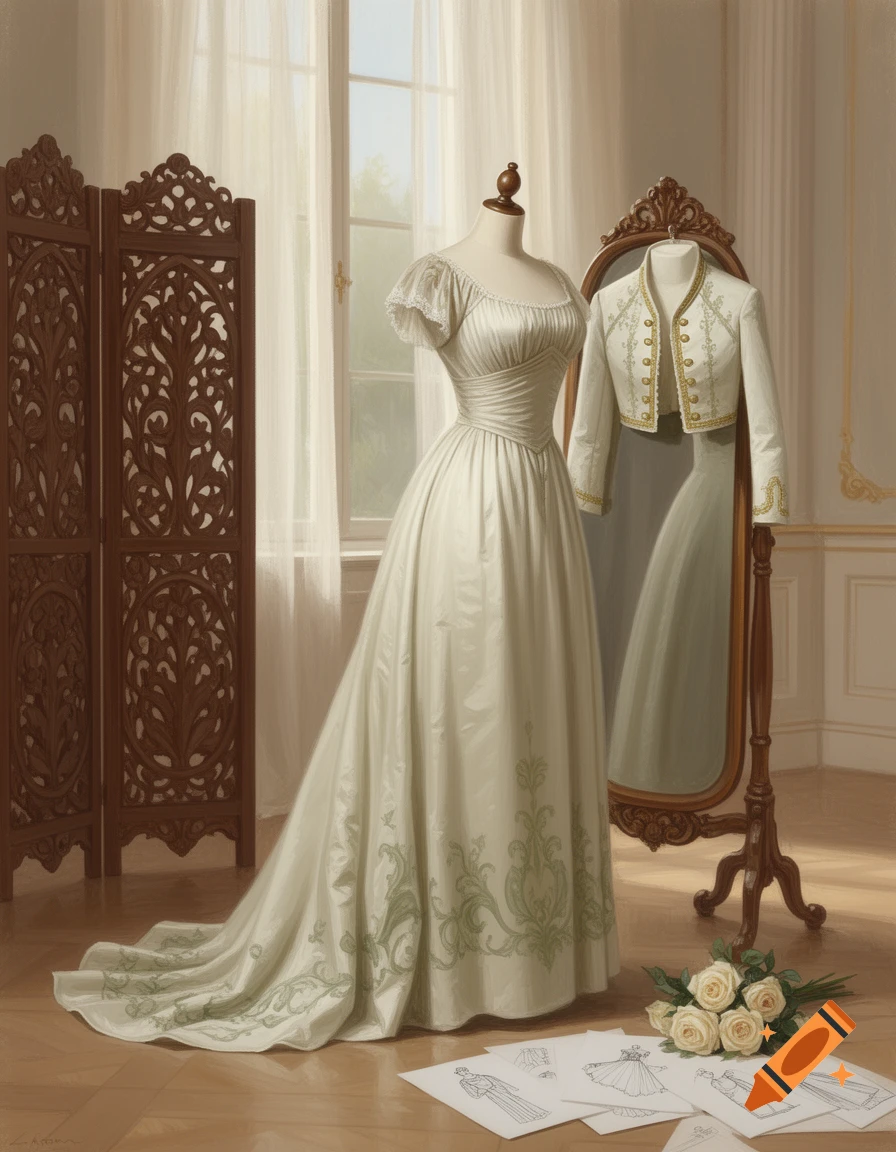 An oil painting of a Regency-era white gown on a mannequin, with a matching spencer jacket on a mirror, sketches, and roses on the floor.