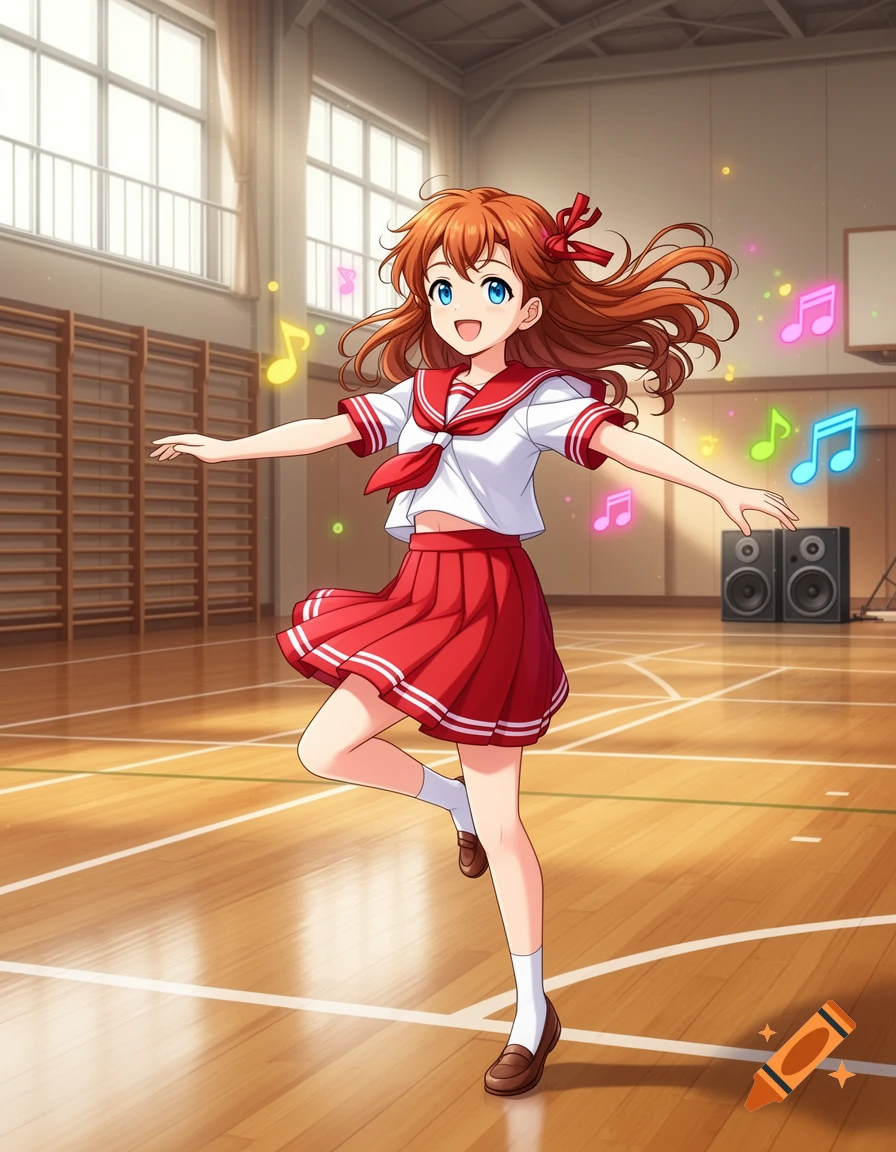 Anime style illustration of a young girl with red hair dancing in a school gymnasium with glowing musical notes floating around.