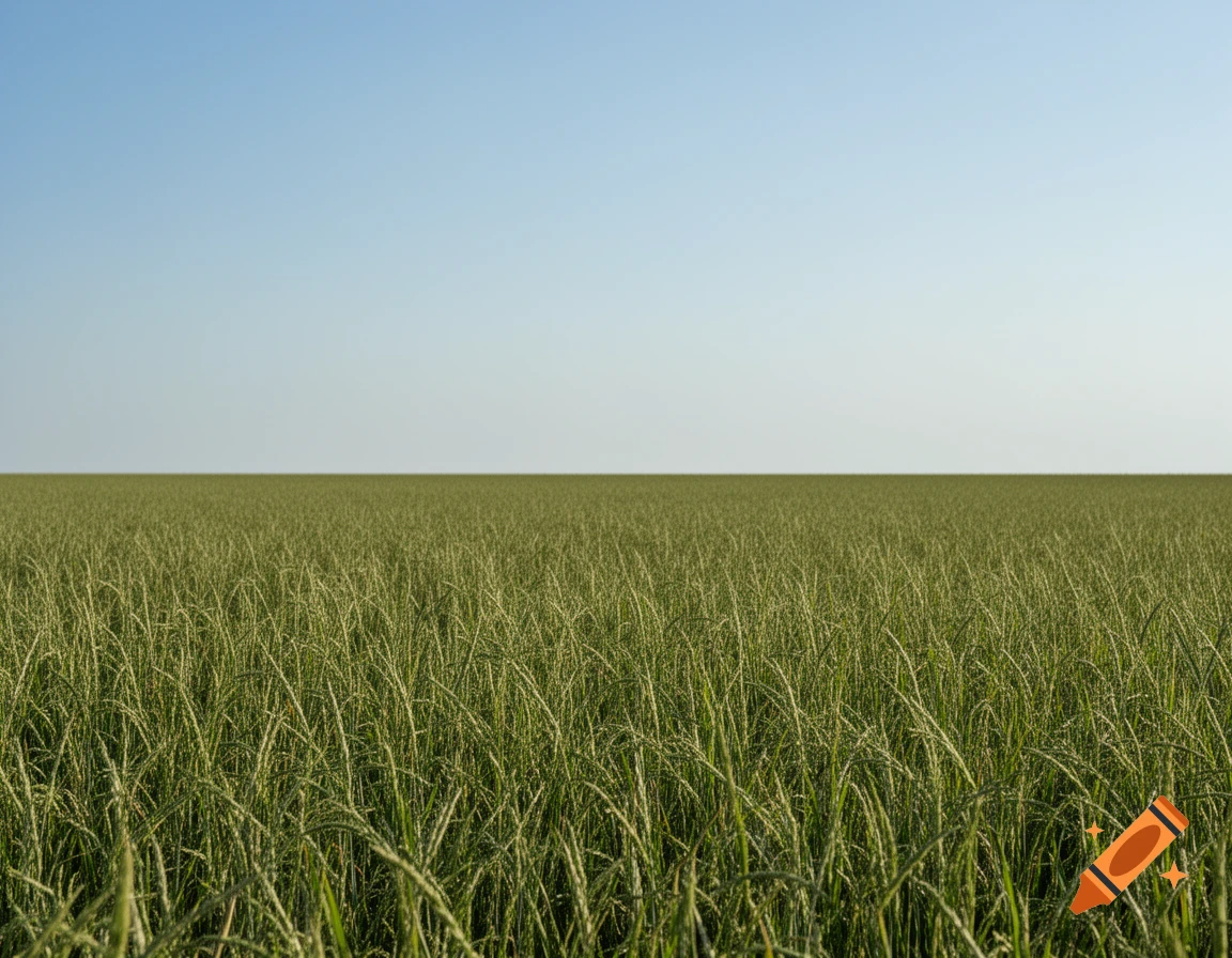 Photorealistic image of a vast green field of crops under a clear blue sky