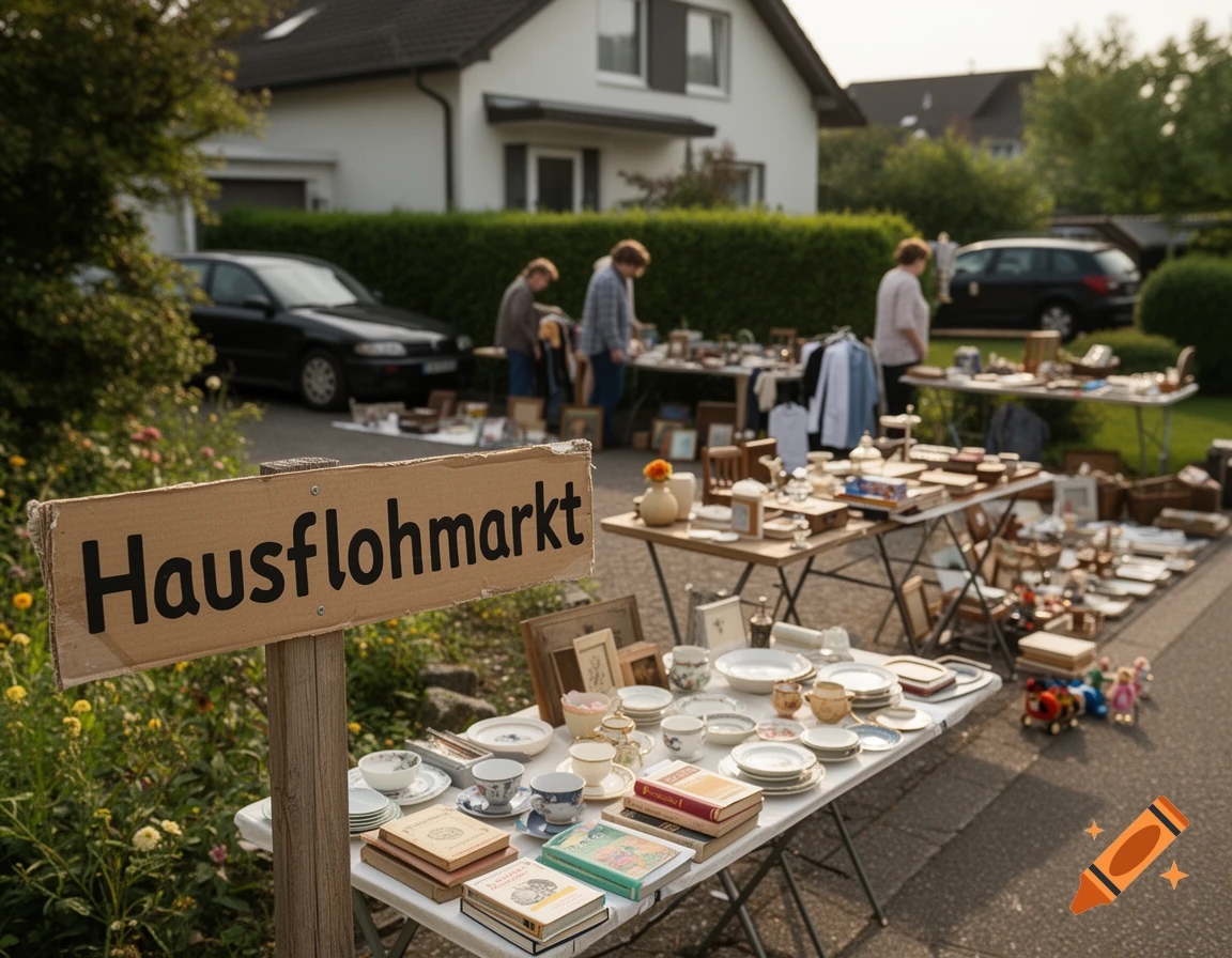 Photorealistic image of a neighborhood garage sale with tables full of household items and a sign reading Hausflohmarkt.