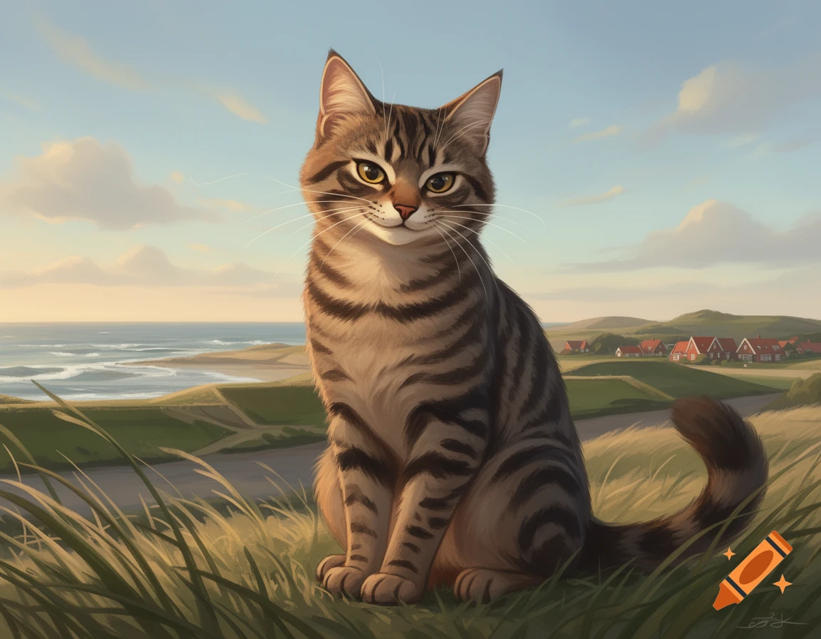 A digital painting of a cute tabby cat sitting in a grassy field near the coast with houses in the background.