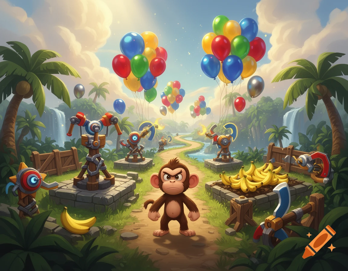 Digital illustration of an angry cartoon monkey standing on a path in a tropical landscape with balloon clusters and defense towers.