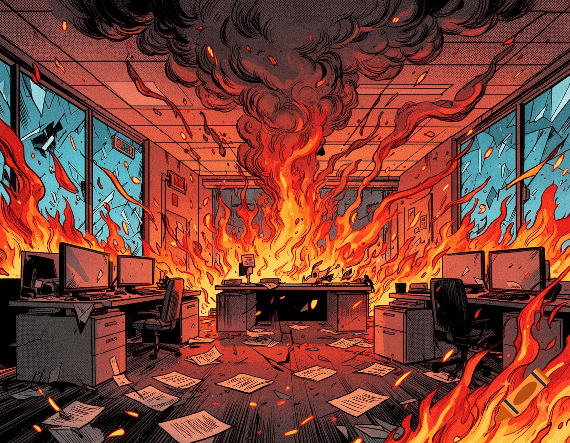 Comic style illustration of a burning office with desks, computers, and scattering papers engulfed in fire and smoke.