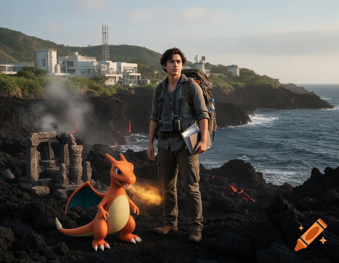 Photorealistic image of a young male explorer standing on a volcanic coast with a Charmander next to him.