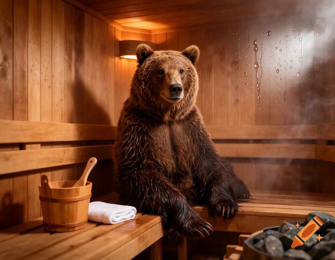 Photorealistic image of a friendly brown bear sitting upright on a wooden bench inside a steamy sauna, with a wooden bucket and towel.