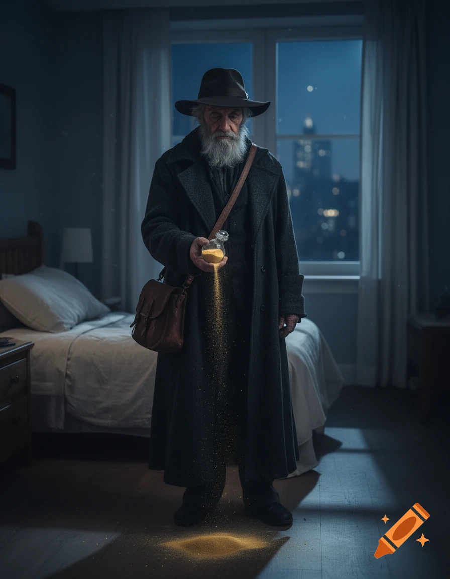 Photorealistic depiction of an old man in a long coat and hat standing in a bedroom, pouring sand from a small bottle onto the floor.