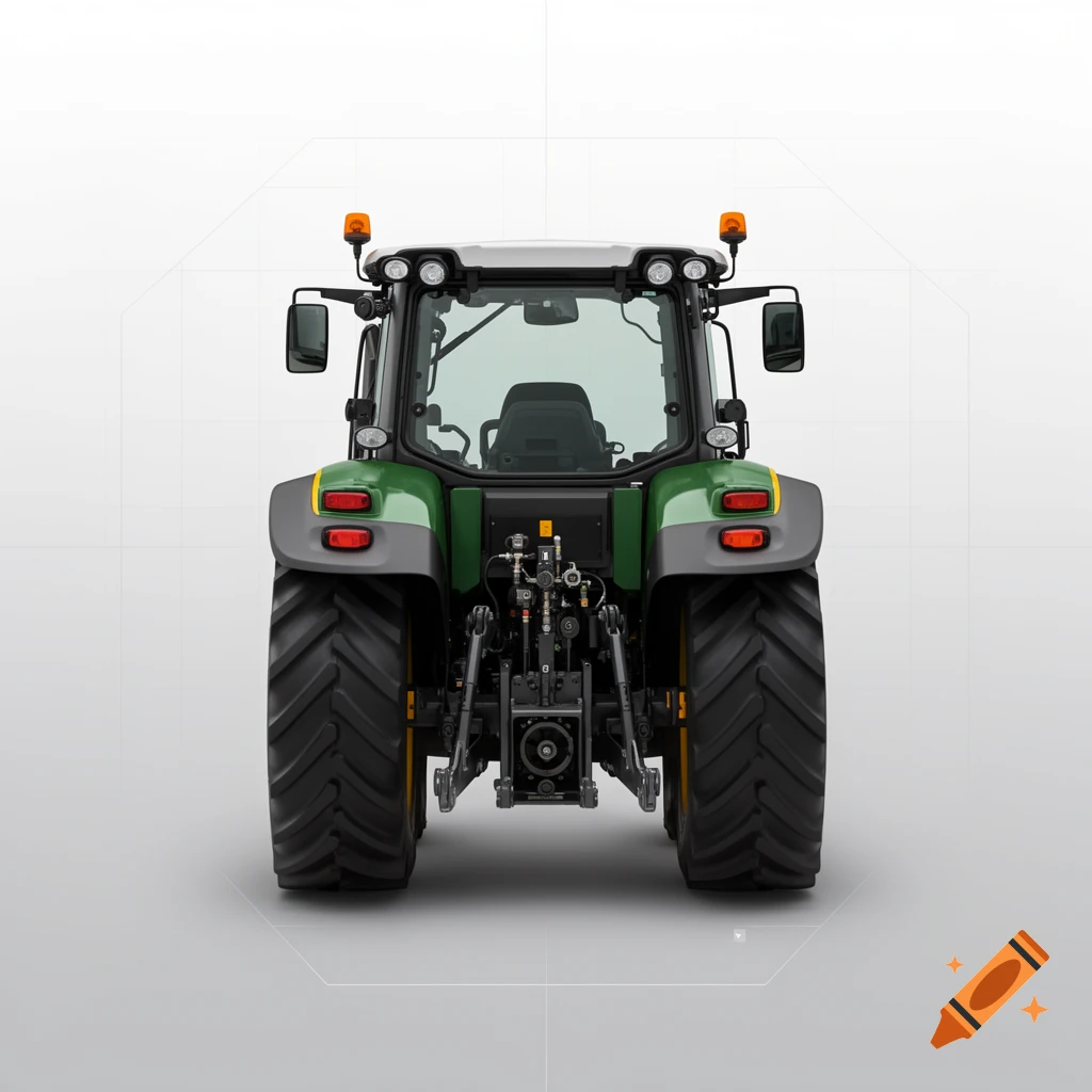 Rear view of a modern green and white tractor against a light grey background, photorealistic style.
