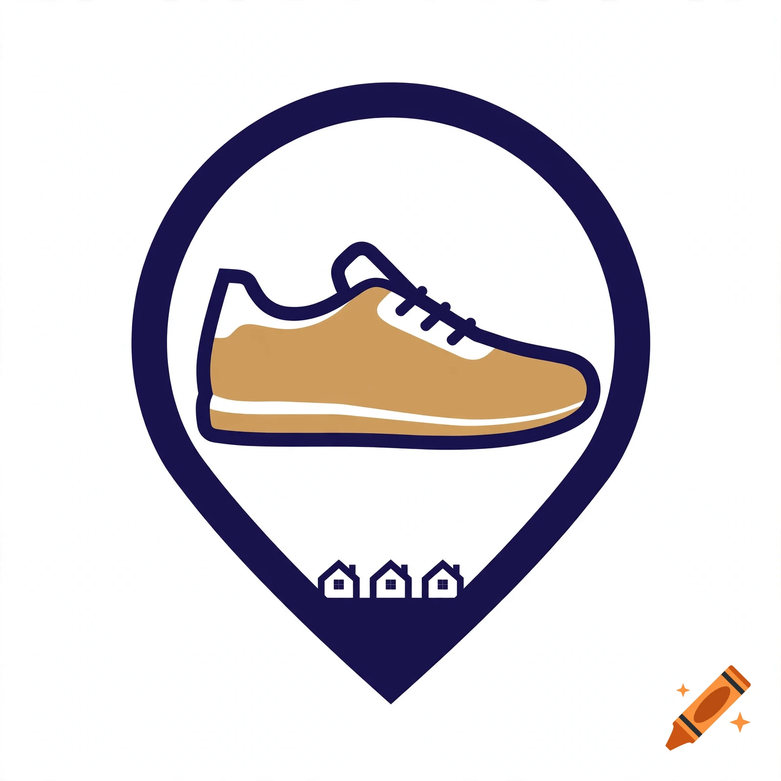A minimalist vector logo of a brown sneaker inside a dark blue location pin with three small houses at the bottom.