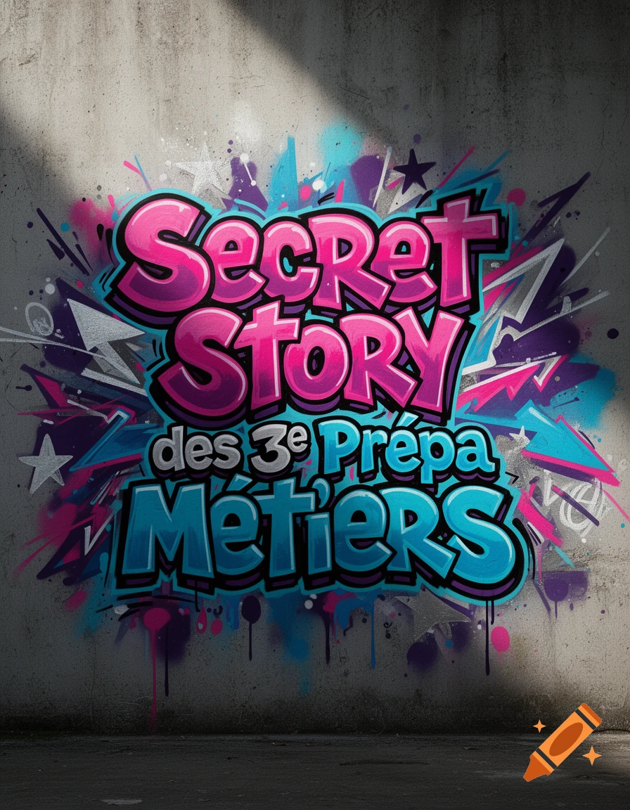 Colorful graffiti lettering on a concrete wall reading 'Secret Story des 3e Prépa Métiers' in pink and blue spray paint style.