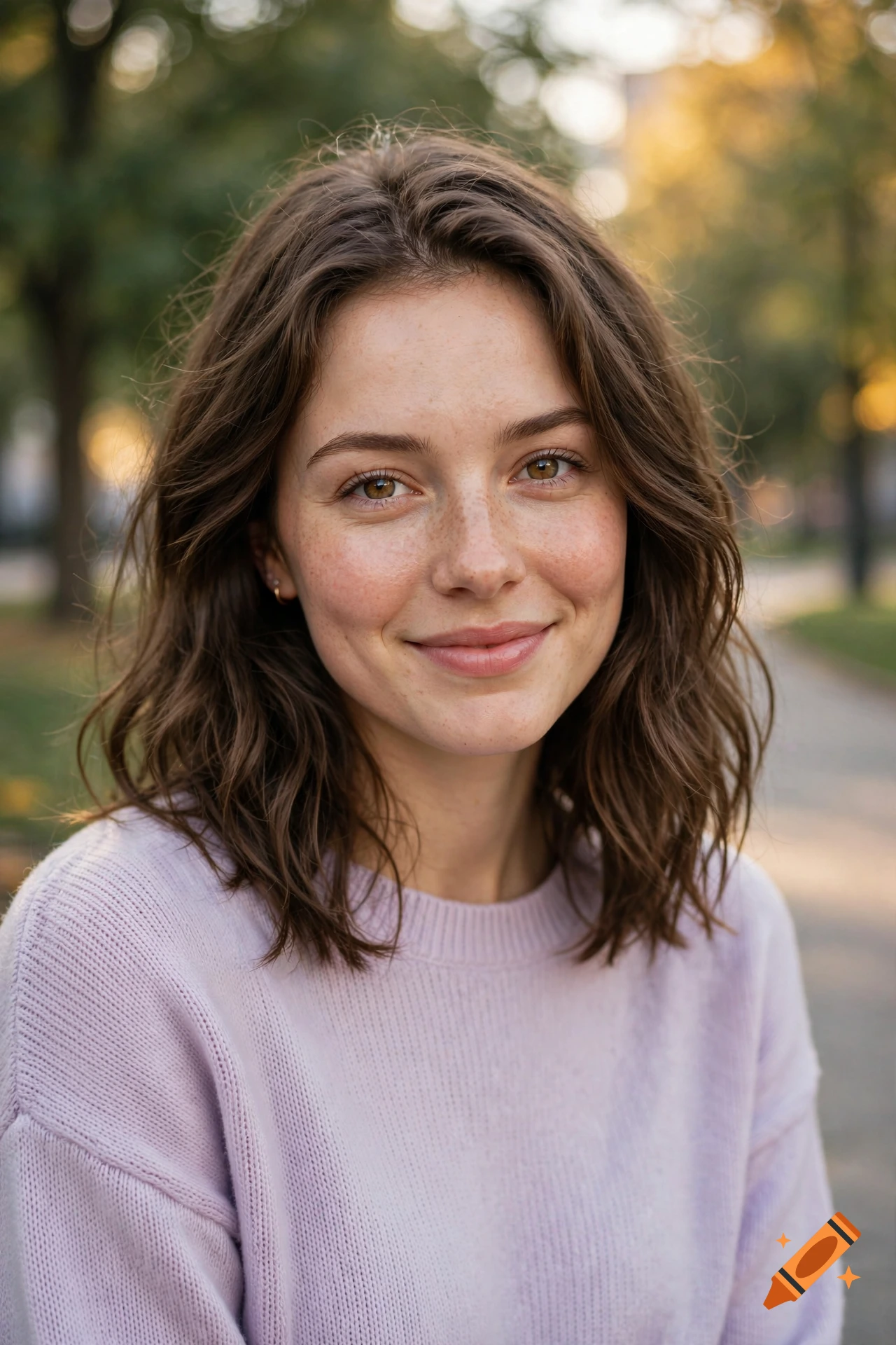Close-up photorealistic portrait of a young woman with freckles and brown hair, smiling gently outdoors.