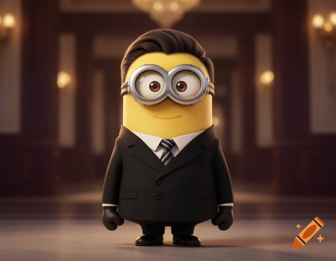 A Minion wearing a black suit and tie, standing in a hallway, styled as a photorealistic character.