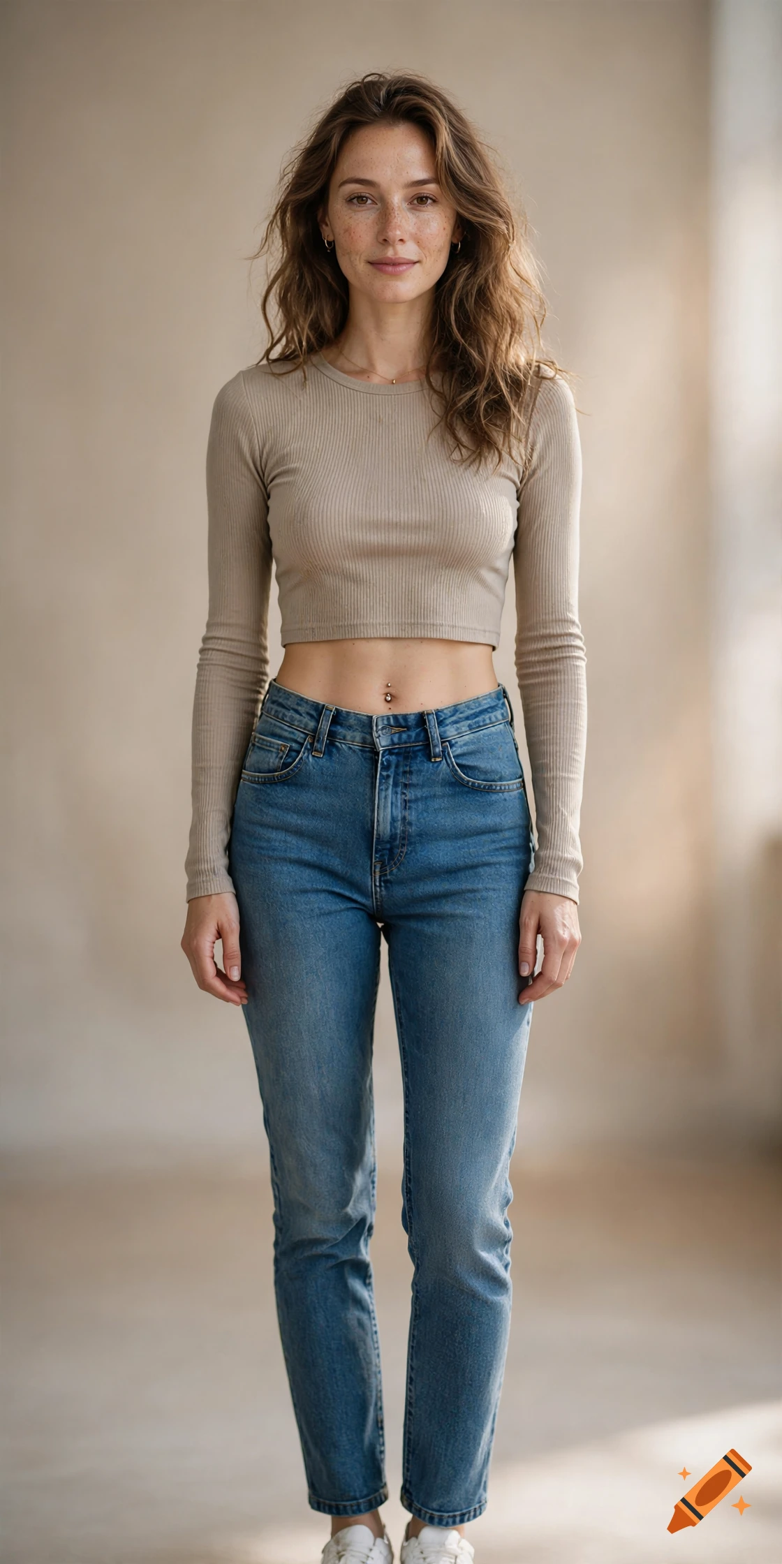 Photorealistic full-length portrait of a skinny woman with a belly piercing, wearing a beige crop top and blue jeans.