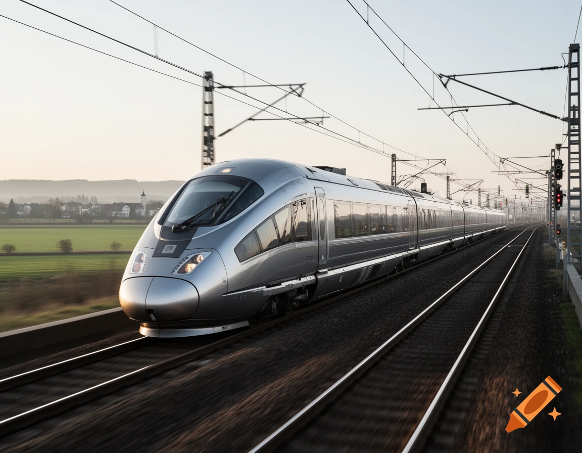 Photorealistic image of a sleek silver high-speed train traveling on railroad tracks during daylight.