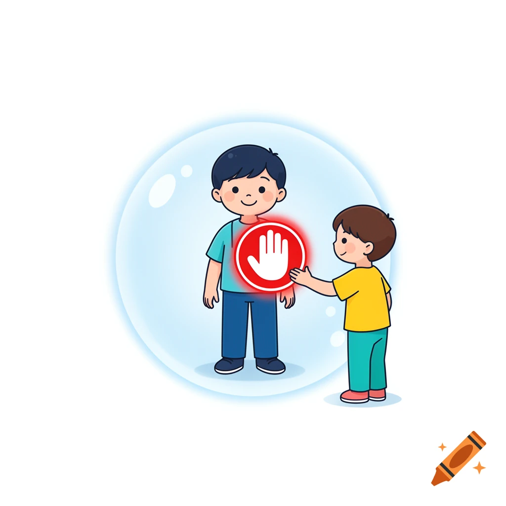 Vector style illustration of two children, one inside a glowing blue protective bubble with a red stop sign gesture.