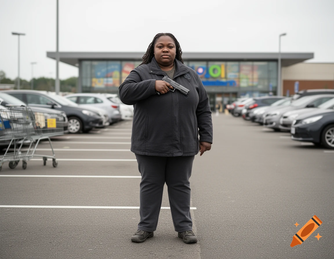 An adult black woman standing in a supermarket parking lot holding a pistol, photorealistic.