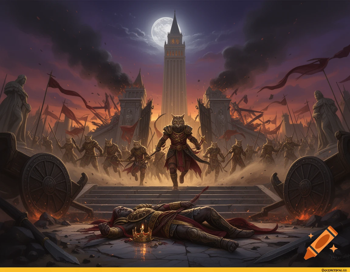 Khajiit warriors conquering a fantasy imperial city at night, with a slain emperor in the foreground, digital painting.