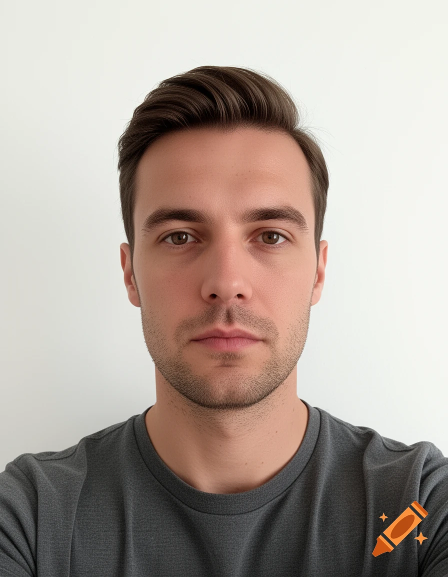 Photorealistic selfie of a man around 30 years old with short brown hair and a neutral expression against a white wall.