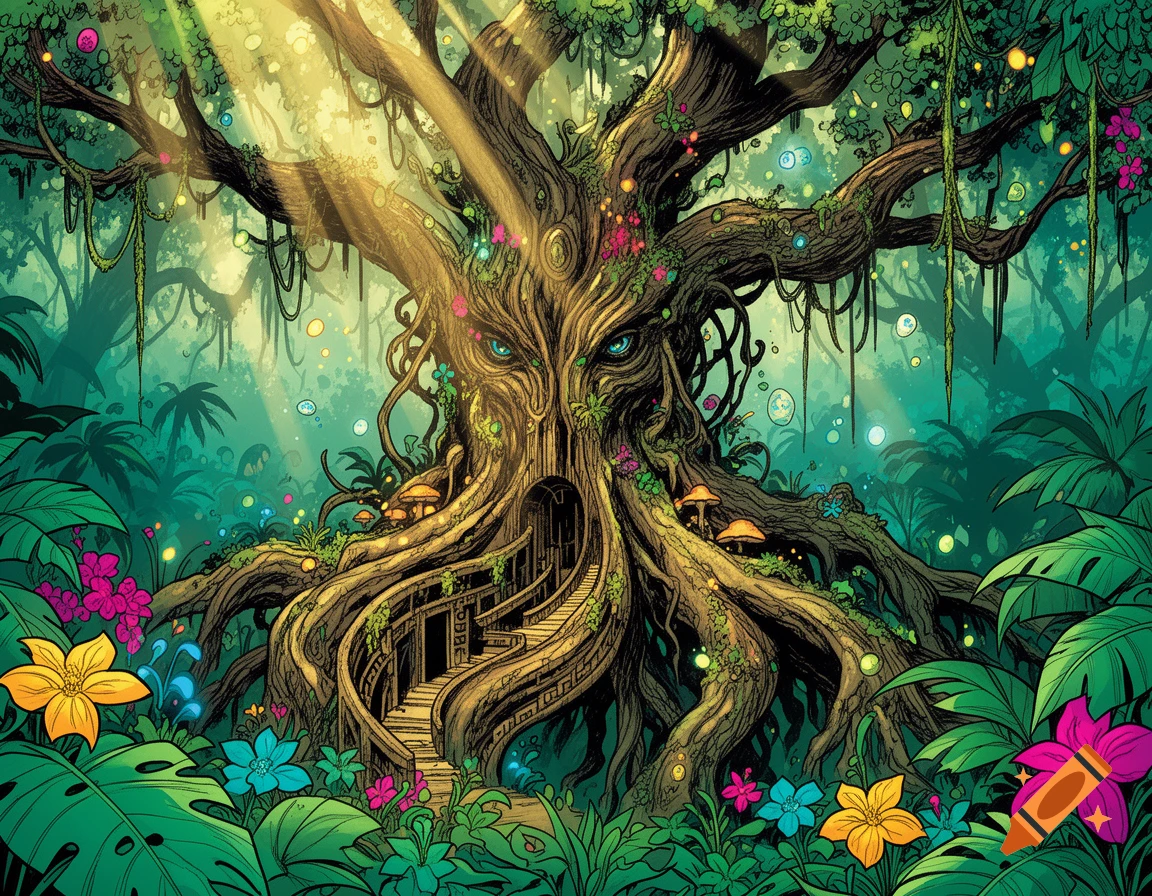 Colorful comic-style illustration of a large fantasy tree with a carved face, a winding staircase in its trunk, and a vibrant jungle setting.